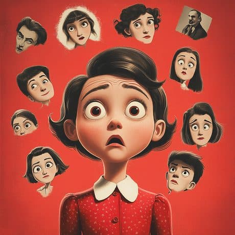 Child actor surrounded by expressive character studies